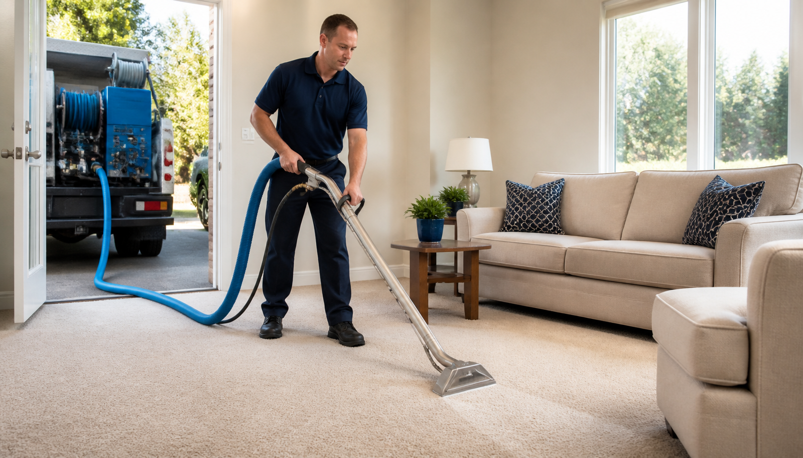 A professional carpet cleaner using a truck-mounted wand to clean light beige carpet in a Grants Pass, Oregon living room